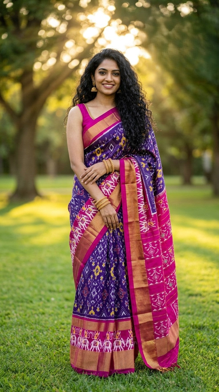 Bright Pink Bentex Handloom Silk Saree with Purple Traditional Pallu | Premium Collection