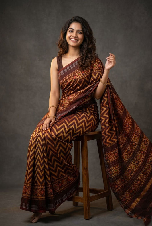 Brown Barista Soft Silks Saree with Ethnic Printed Chevron Weaving | Premium Collection
