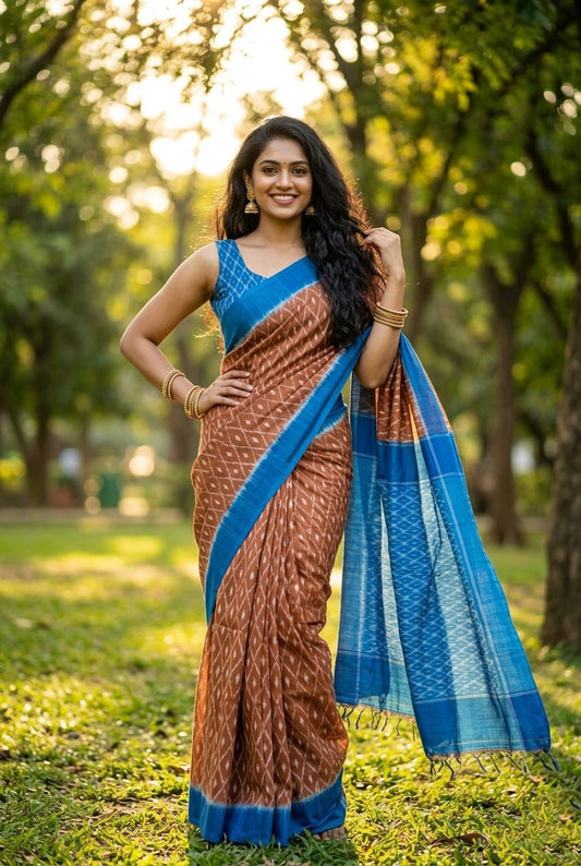 Brown and Blue Linen Saree with Striped Border | Handcrafted Ethnic Drape | Premium Collection