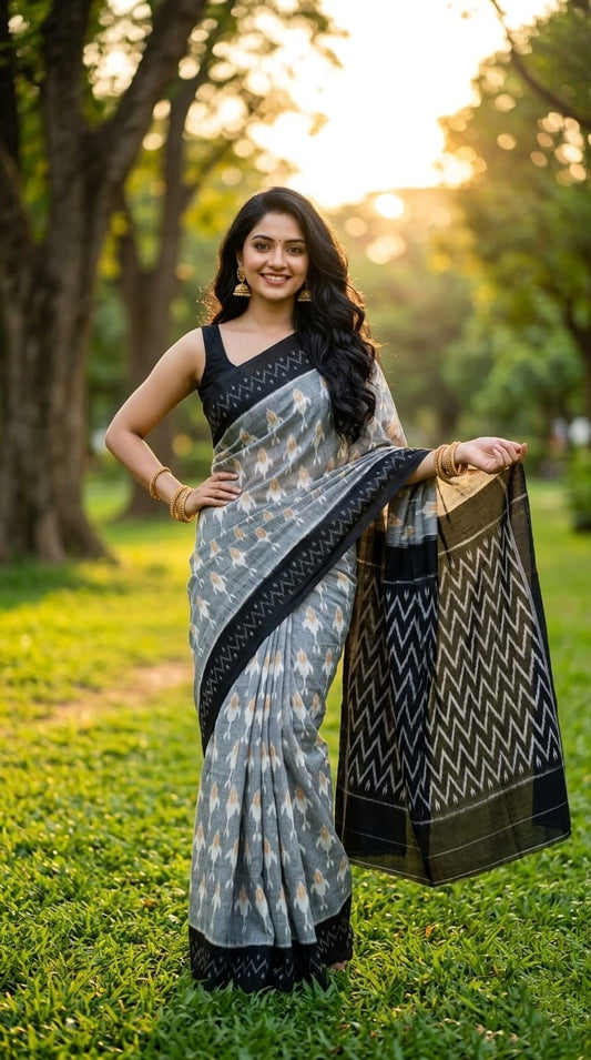 Charcoal Grey Linen Saree with Geometric Black Print | Minimalist Party Wear | Premium Collection