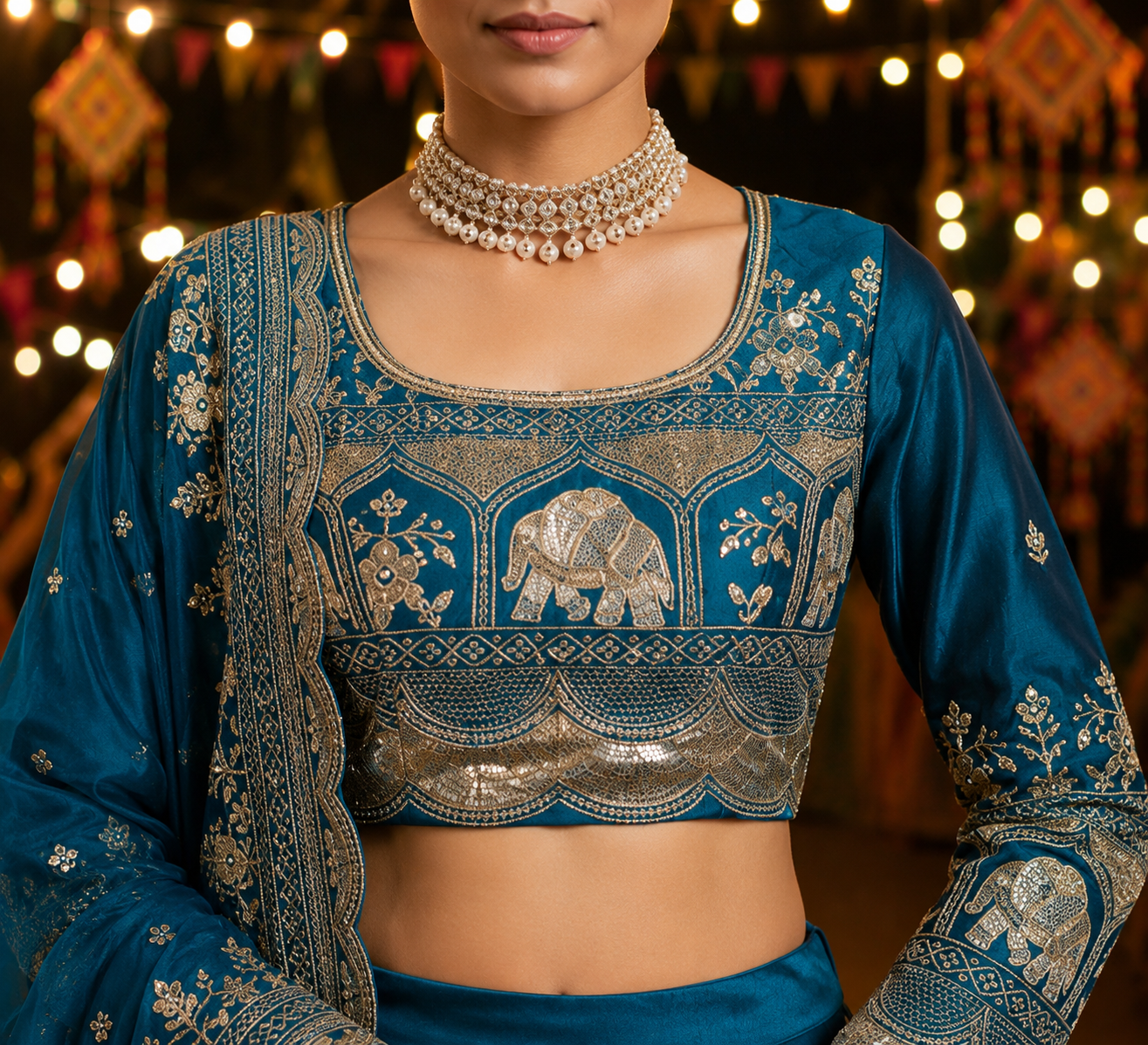 Royal Teal Elephant Motif Lehenga Choli