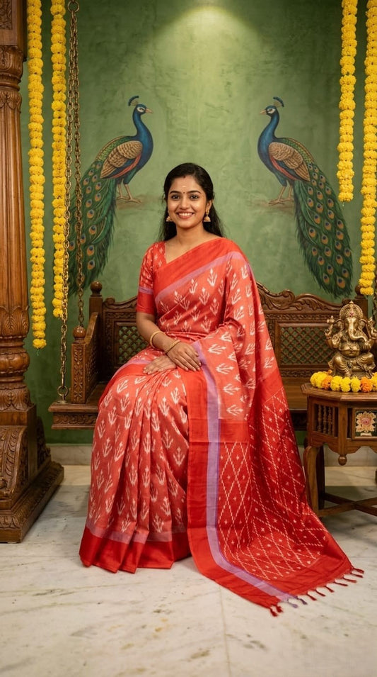Coral Pink Barista Soft Silks Saree with Traditional Ethnic Weaving | Premium Collection
