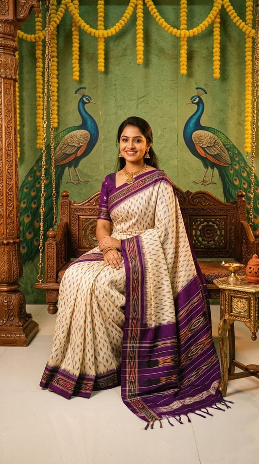 Cream Barista Soft Silks Saree with Purple Rich Temple Border | Premium Collection