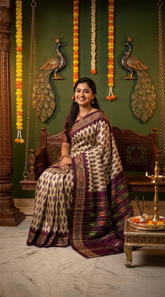 Cream Barista Soft Silks Saree with Purple Traditional Ethnic Weaving | Premium Collection