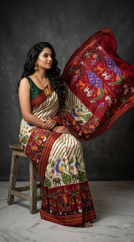 Cream Barista Soft Silks Saree with Red Artistic Ethnic Pallu | Premium Collection