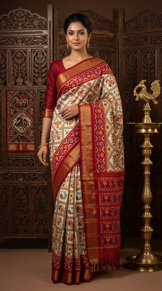 Cream Barista Soft Silks Saree with Red Designer Temple Pallu | Premium Collection