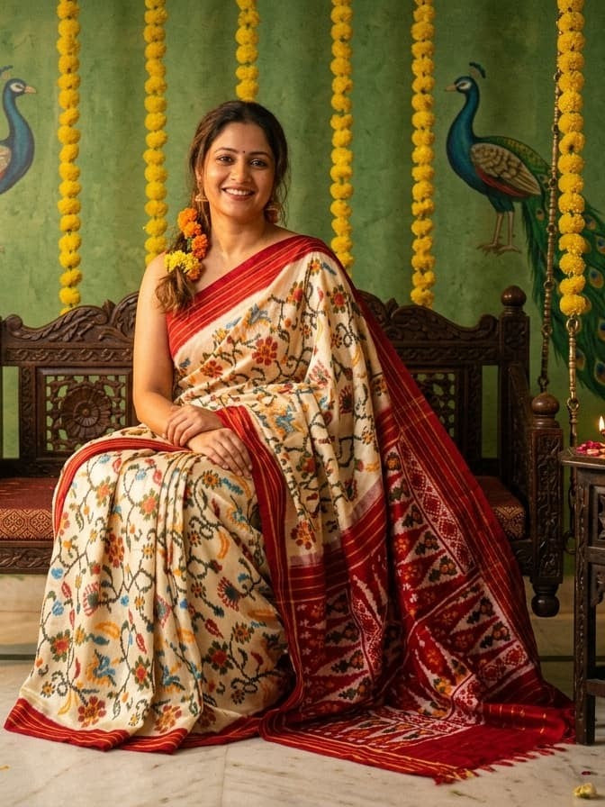 Cream Barista Soft Silks Saree with Red Elegant Woven Border | Premium Collection