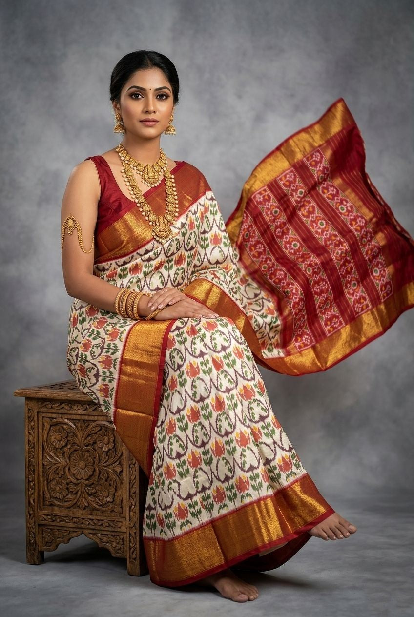 Cream Bentex Handloom Silk Saree with Red Temple Border and Floral Weaving | Premium Collection