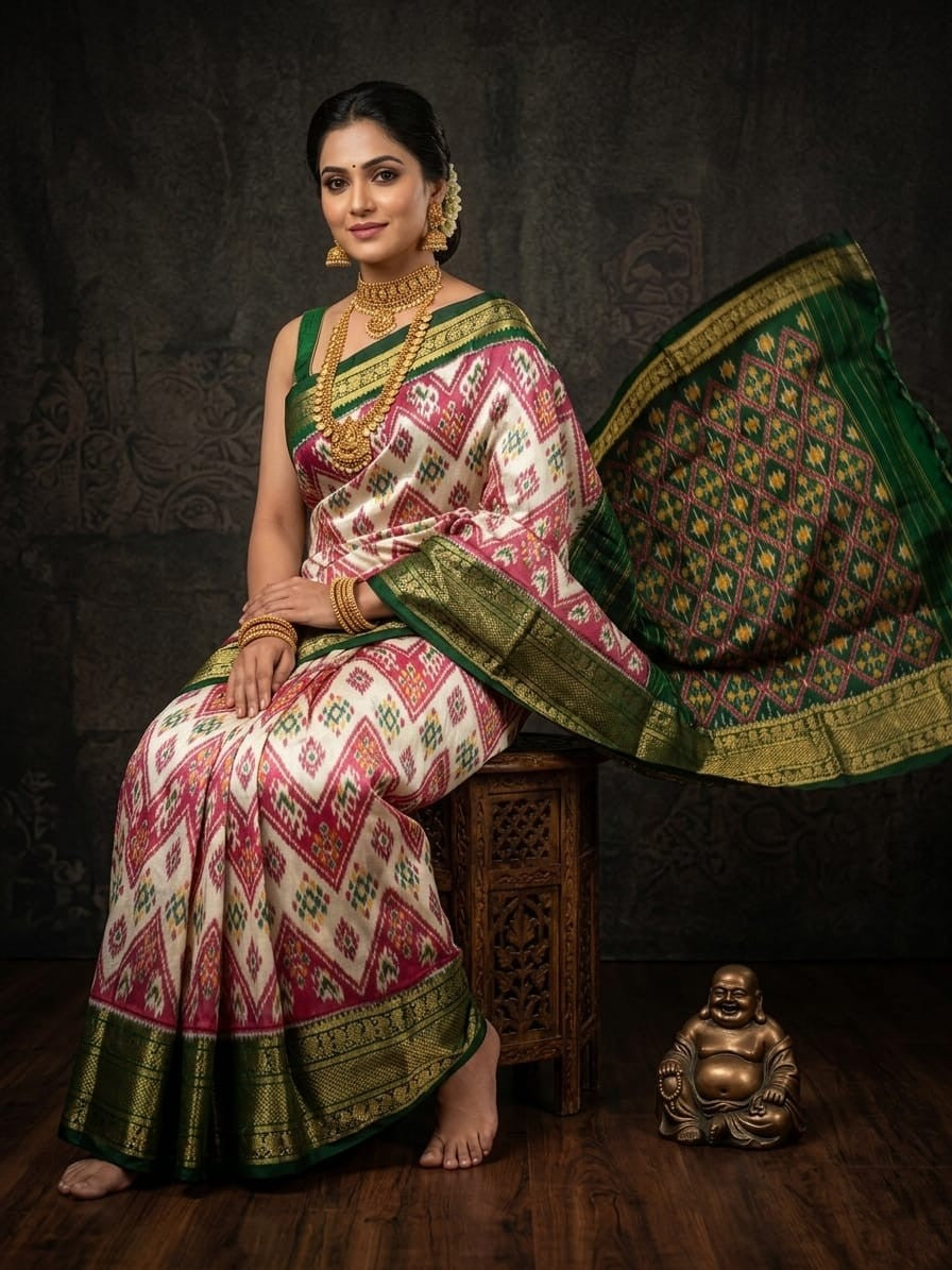 Cream Handloom Pattu Silk Saree with Green Ikat Style Designer Weaving | Premium Collection