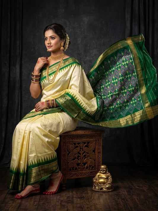 Cream Handloom Pattu Silk Saree with Green Traditional Woven Pallu | Premium Collection
