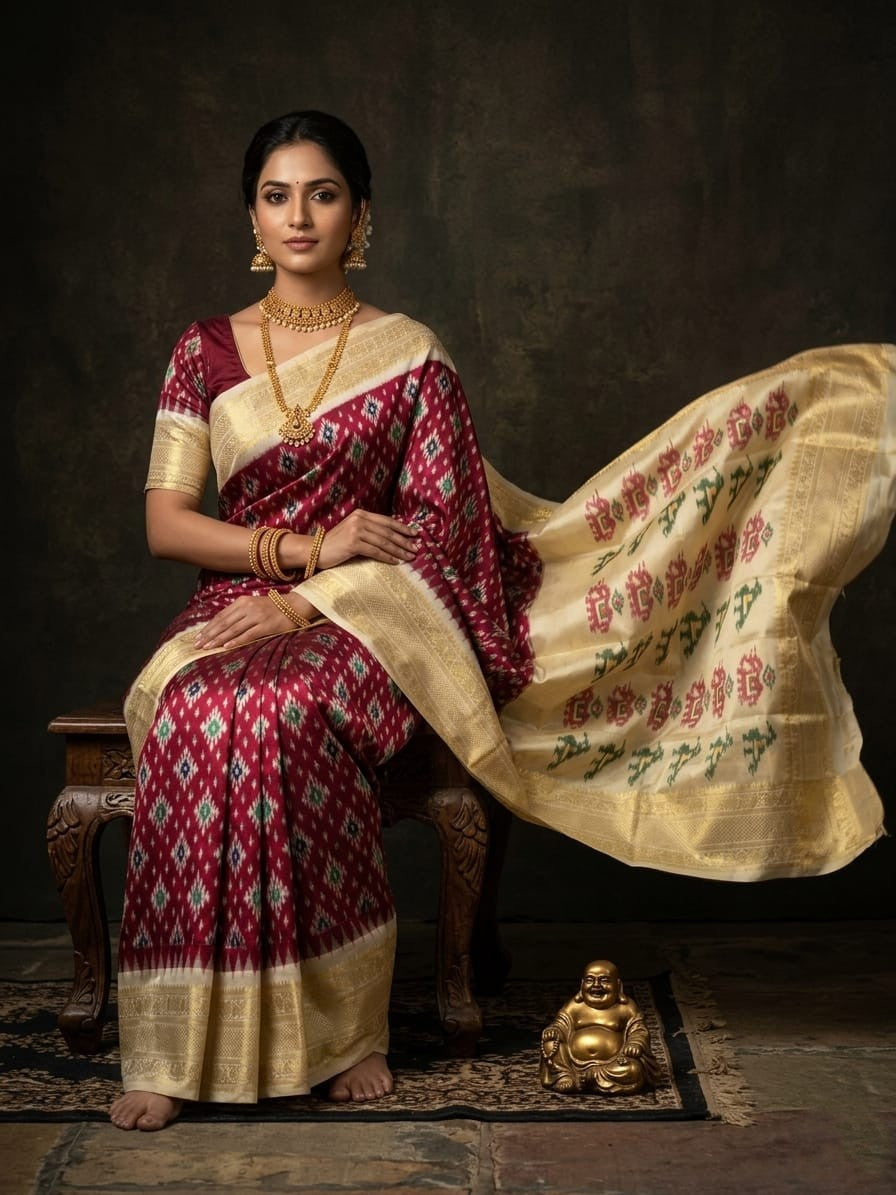 Cream Handloom Pattu Silk Saree with Maroon Traditional Printed Pallu | Premium Collection
