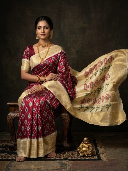 Cream Handloom Pattu Silk Saree with Maroon Traditional Printed Pallu | Premium Collection