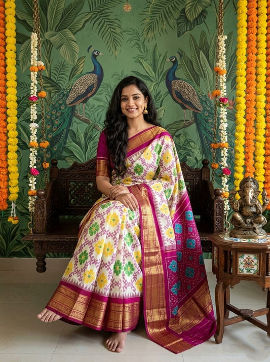 Cream Handloom Pattu Silk Saree with Multicolor Floral Designer Pallu | Premium Collection
