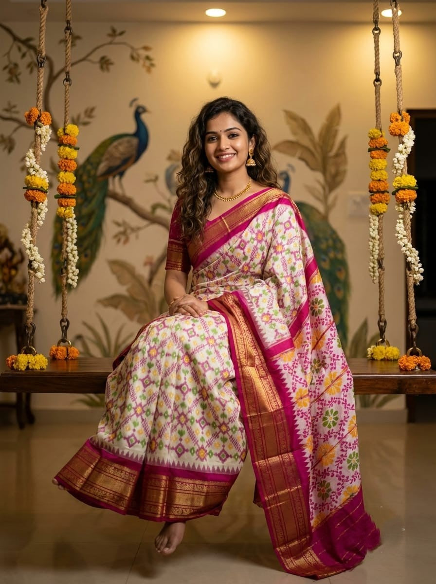 Cream Handloom Pattu Silk Saree with Pink Floral Designer Weaving | Premium Collection