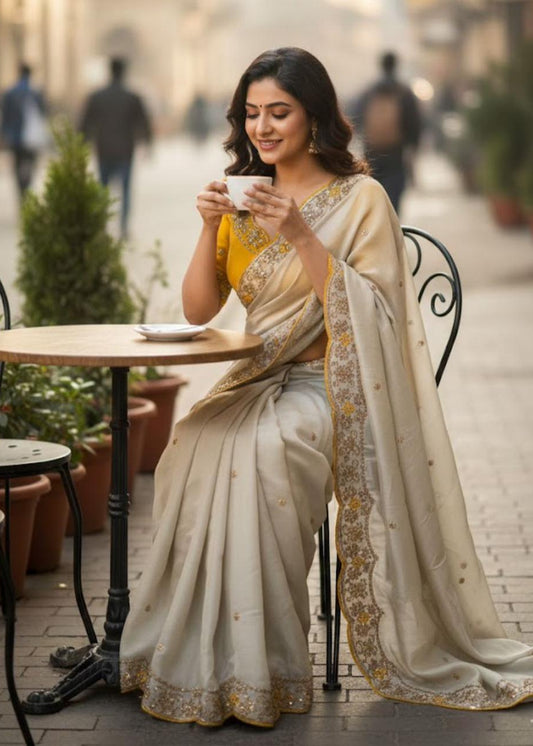 Cream Star Georgette Embroidery Saree with Fancy Embroidered C-Pallu – Sanskriti Saree