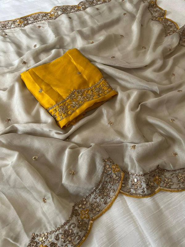 Cream Star Georgette Embroidery Saree with Fancy Embroidered C-Pallu – Sanskriti Saree