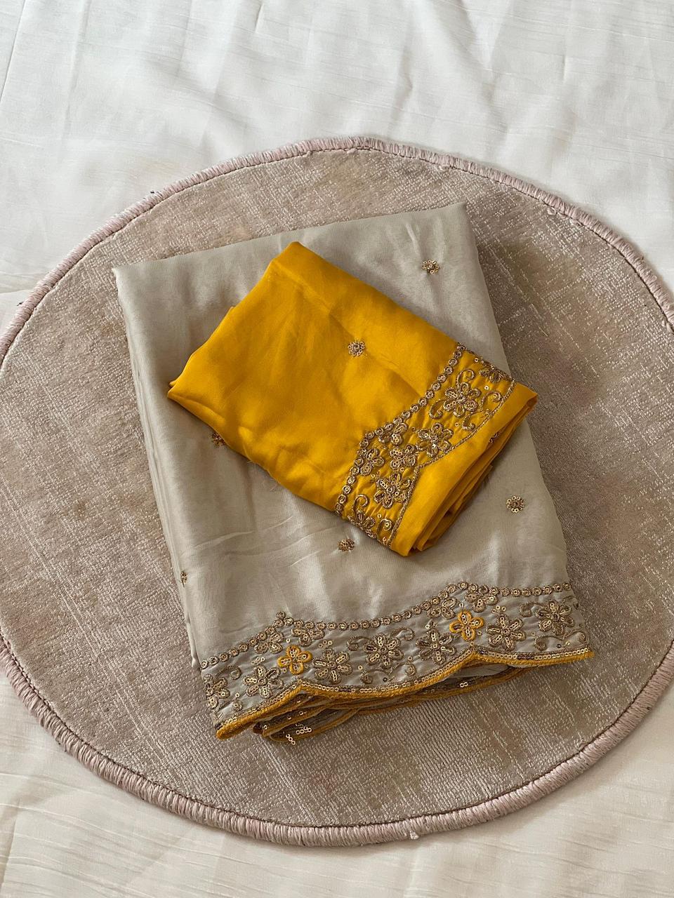 Cream Star Georgette Embroidery Saree with Fancy Embroidered C-Pallu – Sanskriti Saree