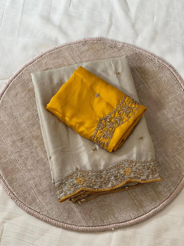 Cream Star Georgette Embroidery Saree with Fancy Embroidered C-Pallu – Sanskriti Saree