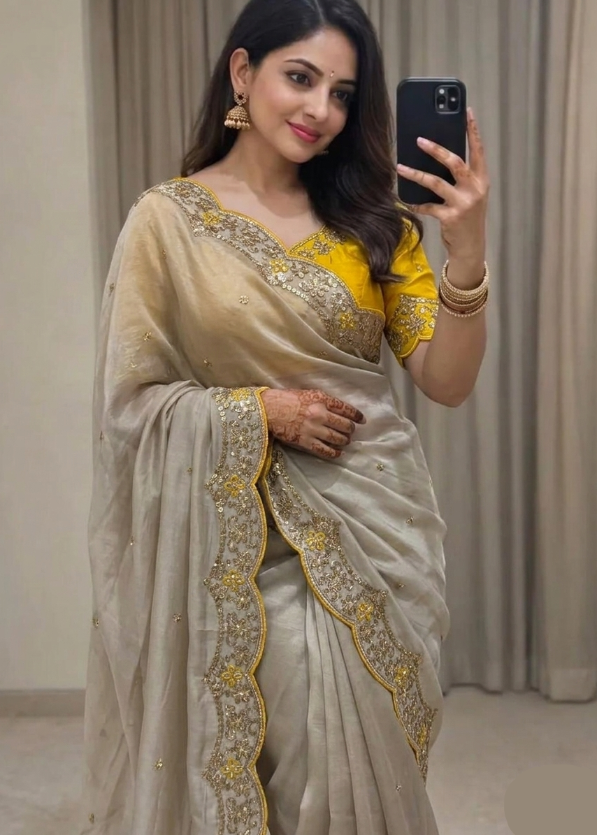 Cream Star Georgette Embroidery Saree with Fancy Embroidered C-Pallu – Sanskriti Saree
