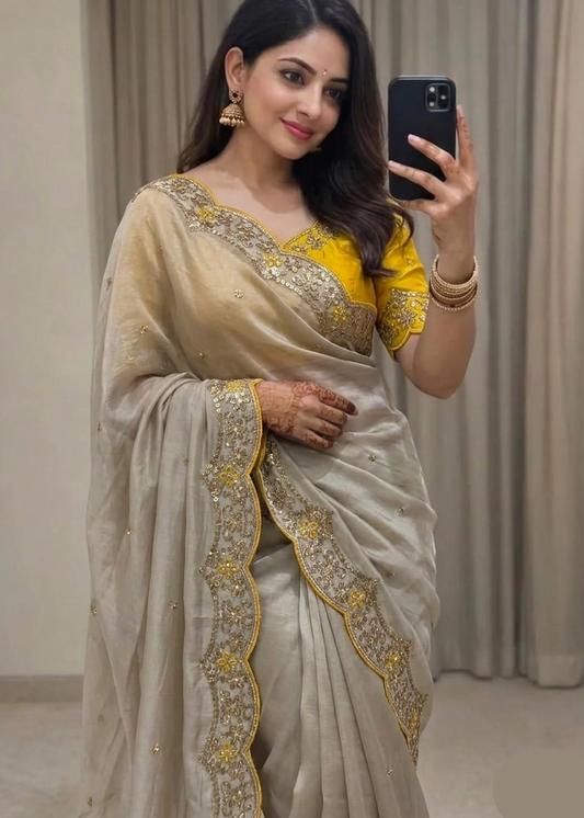 Cream Star Georgette Embroidery Saree with Fancy Embroidered C-Pallu – Sanskriti Saree