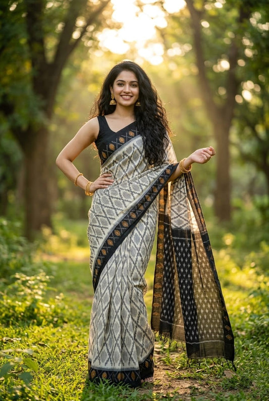 Cream and Black Buta Linen Saree with Zari Pallu | Traditional Festive Ethnic | Premium Collection