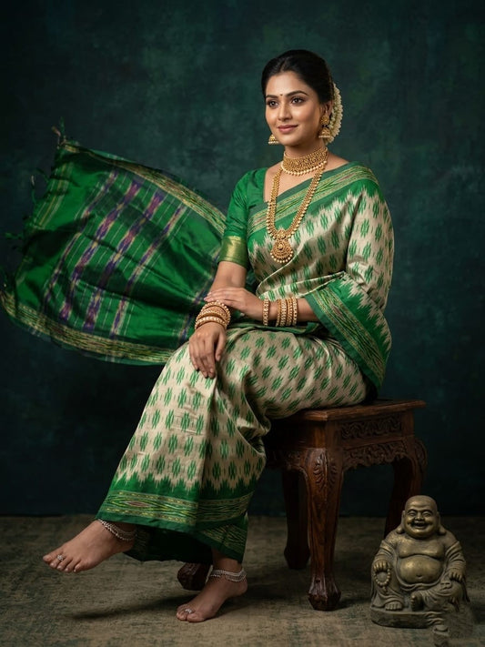 Cream and Green Barista Soft Silks Saree with Traditional Ethnic Print | Premium Collection