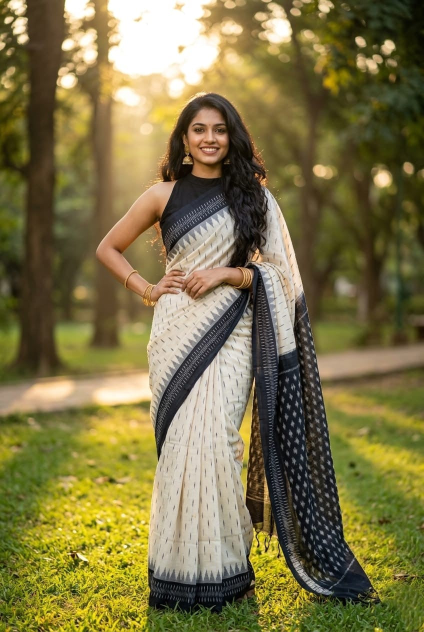 Cream and White Linen Saree with Black Buta Print | Light Casual Drape | Premium Collection