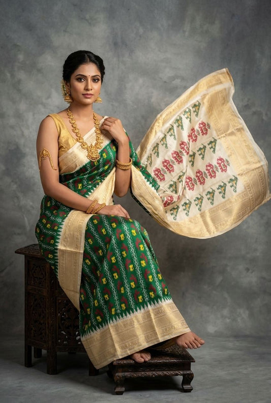 Dark Green Bentex Handloom Silk Saree with Beige Floral Designer Pallu | Premium Collection