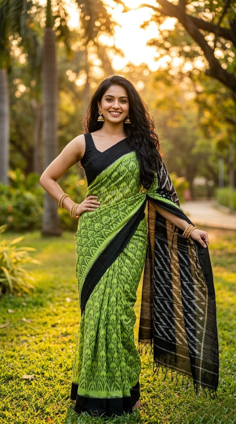 Dark Green and Black Printed Linen Saree | Handloom Casual Ethnic Wear | Premium Collection