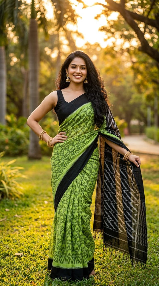 Dark Green and Black Printed Linen Saree | Handloom Casual Ethnic Wear | Premium Collection