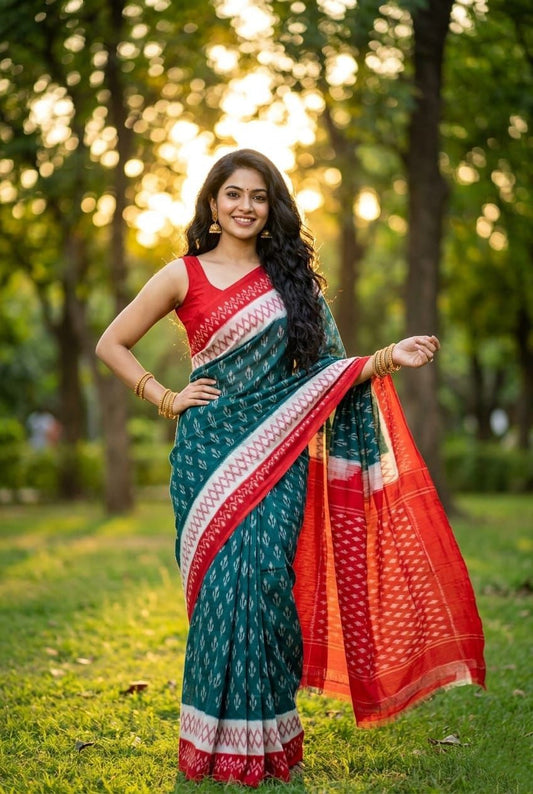 Dark Green and Red Ikat Linen Saree with Contrast Pallu | Traditional Wear | Premium Collection