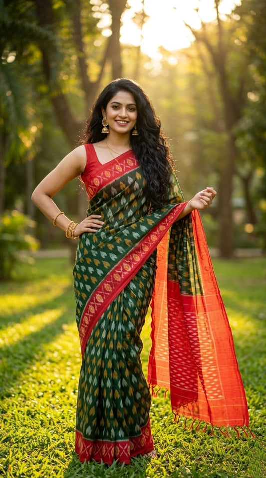 Dark Green and Red Printed Linen Saree | Rich Handwoven Traditional Drape | Premium Collection