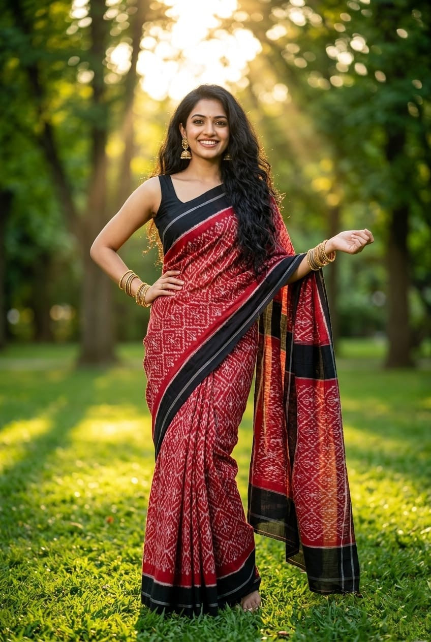 Dark Red and Black Linen Saree with Geometric Pattern | Rich Evening Ethnic | Premium Collection