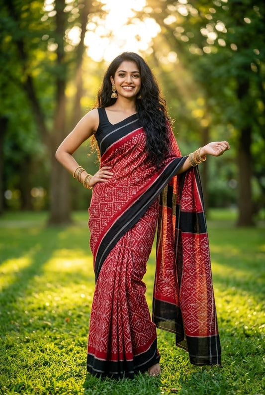 Dark Red and Black Linen Saree with Geometric Pattern | Rich Evening Ethnic | Premium Collection