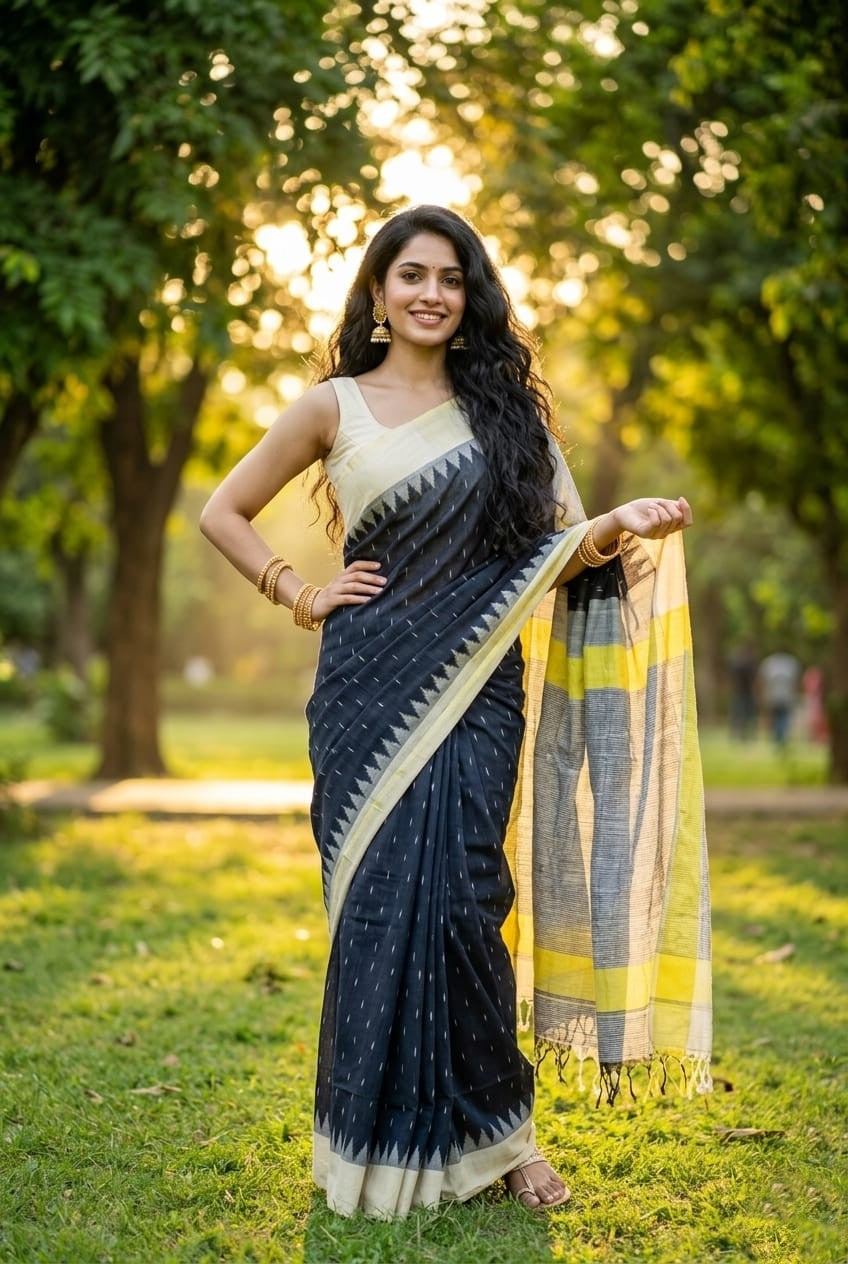 Dark Slate Linen Saree with Yellow Striped Border | Indo-Fusion Casual Drape | Premium Collection