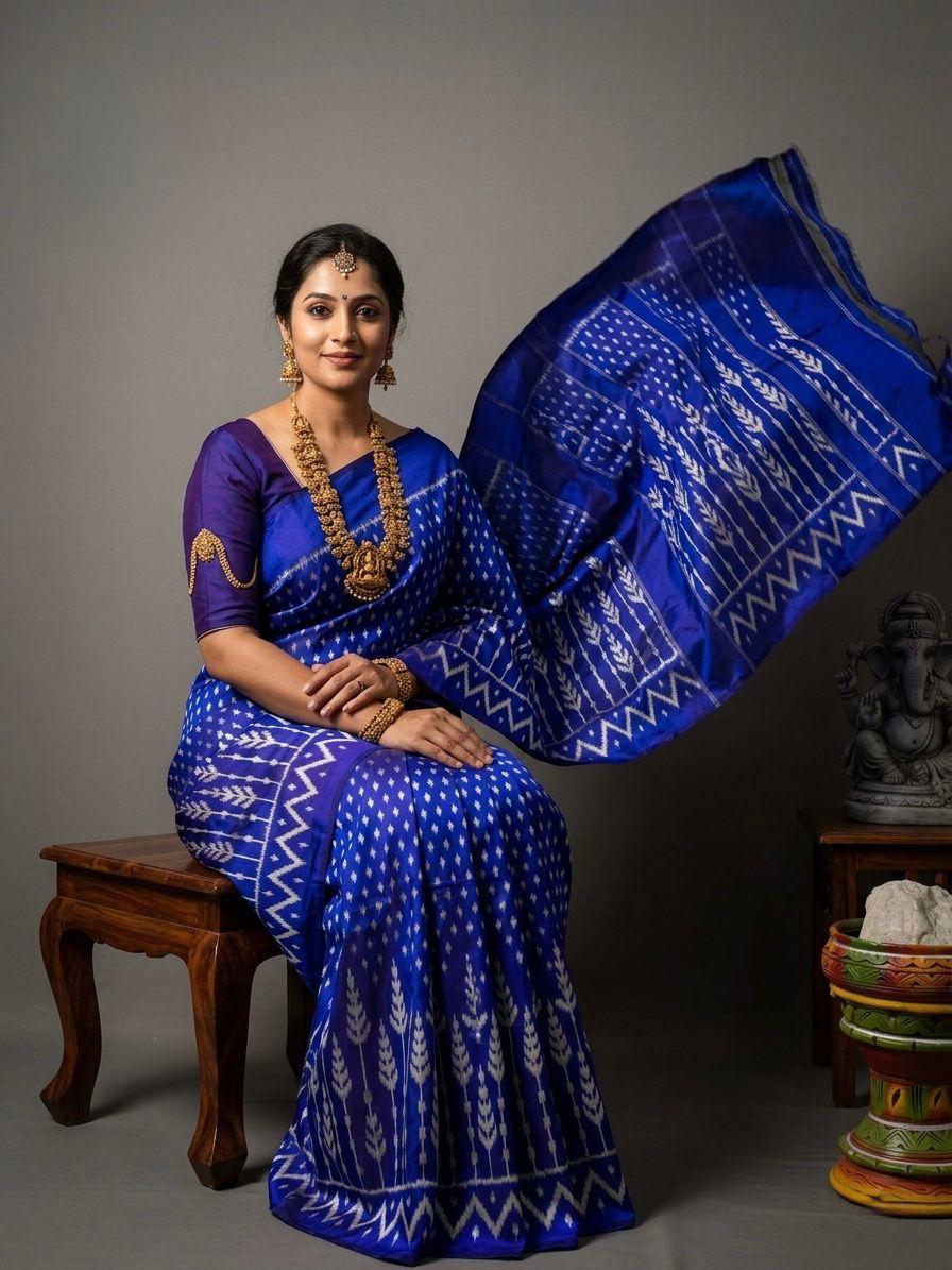 Deep Blue Barista Soft Silks Saree with White Traditional Ikat Pattern | Premium Collection