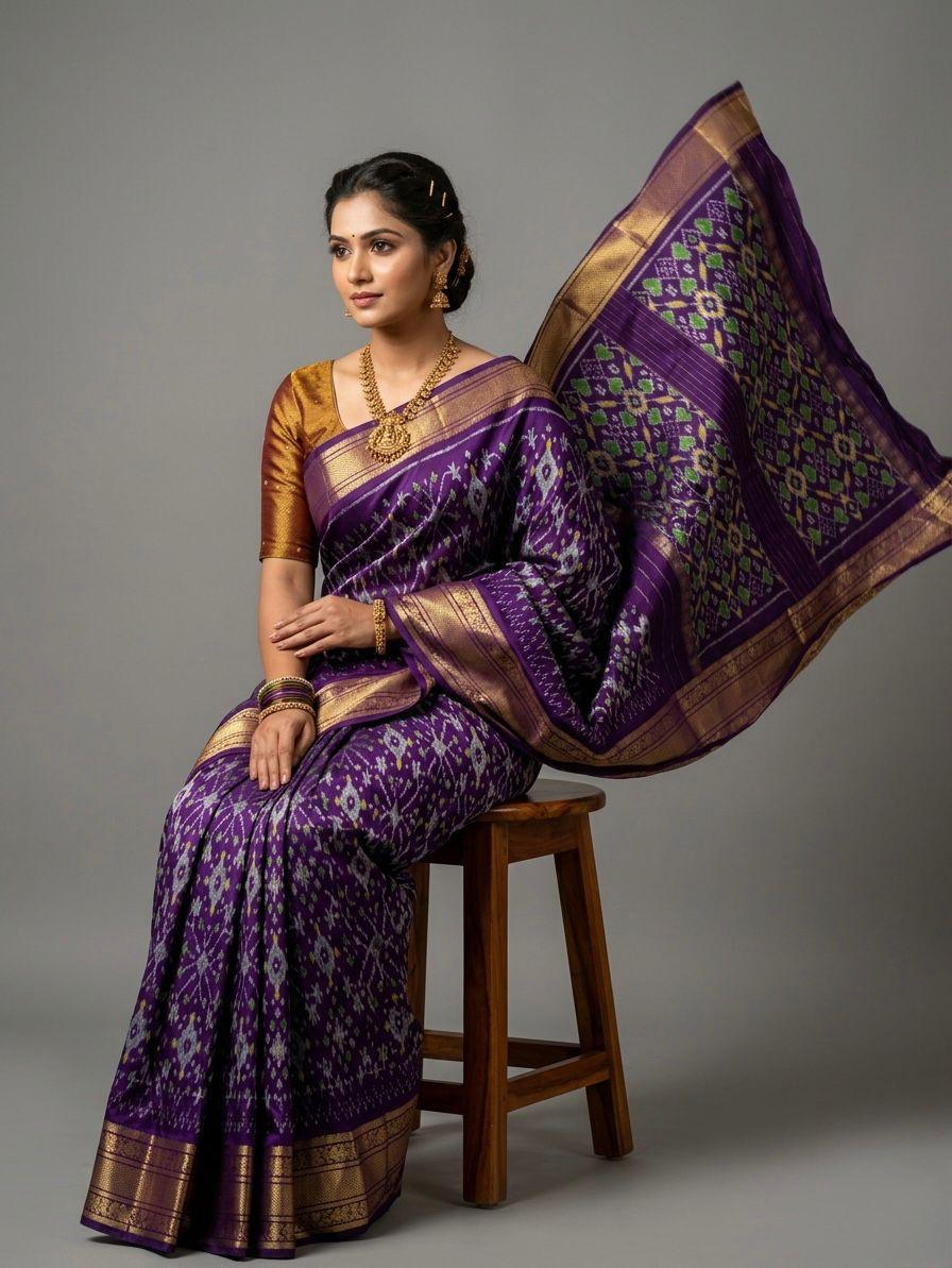 Deep Purple Handloom Pattu Silk Saree with Gold Ethnic Weaving | Premium Collection