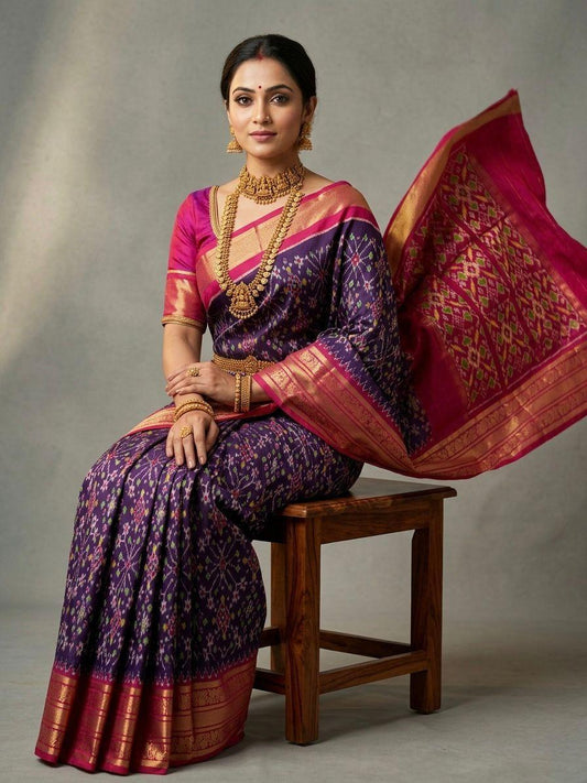 Deep Purple Handloom Pattu Silk Saree with Pink Designer Zari Border | Premium Collection