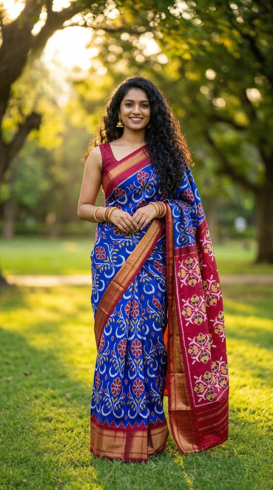 Elegant Blue Bentex Handloom Silk Saree with Pink Ethnic Border | Premium Collection