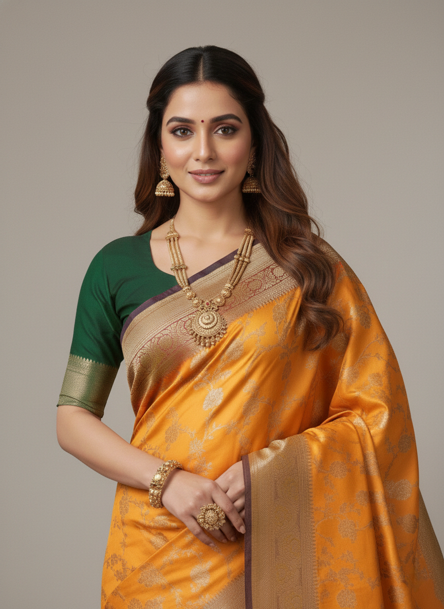 Beautiful Jaquard Saree For Women - Mustard