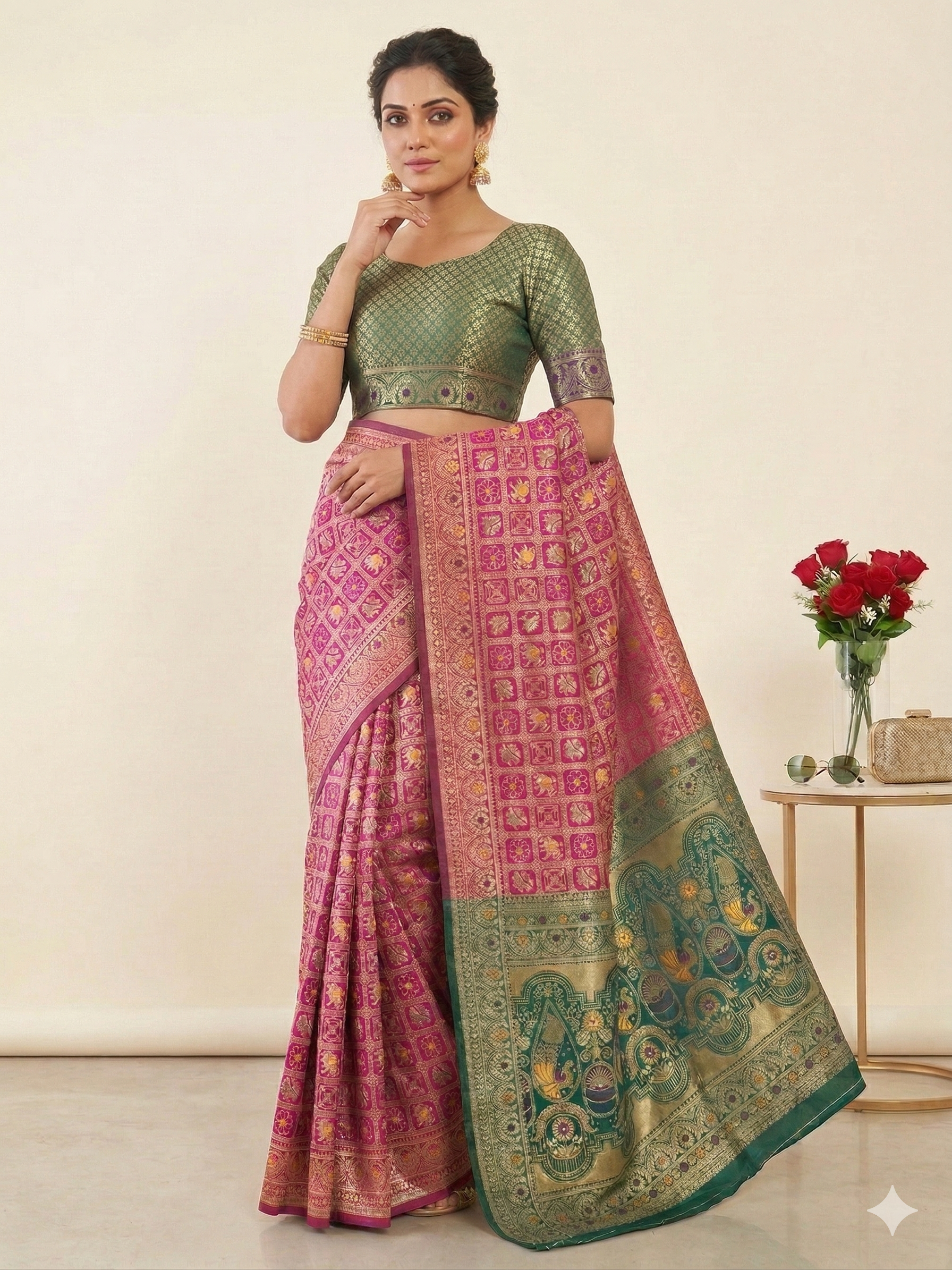 Beautiful Jaquard Saree For Women - Pink