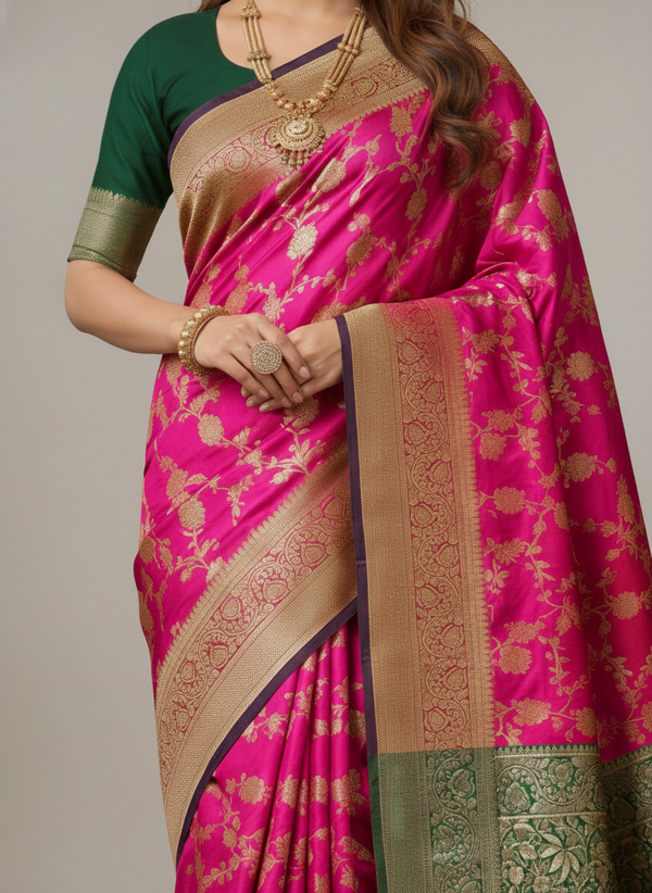 Beautiful Jaquard Saree For Women - Pink