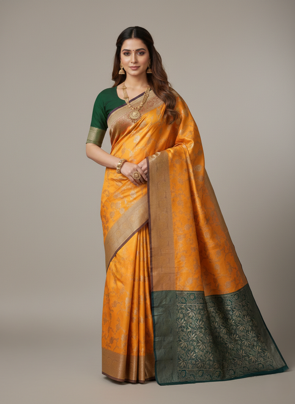 Beautiful Jaquard Saree For Women - Mustard