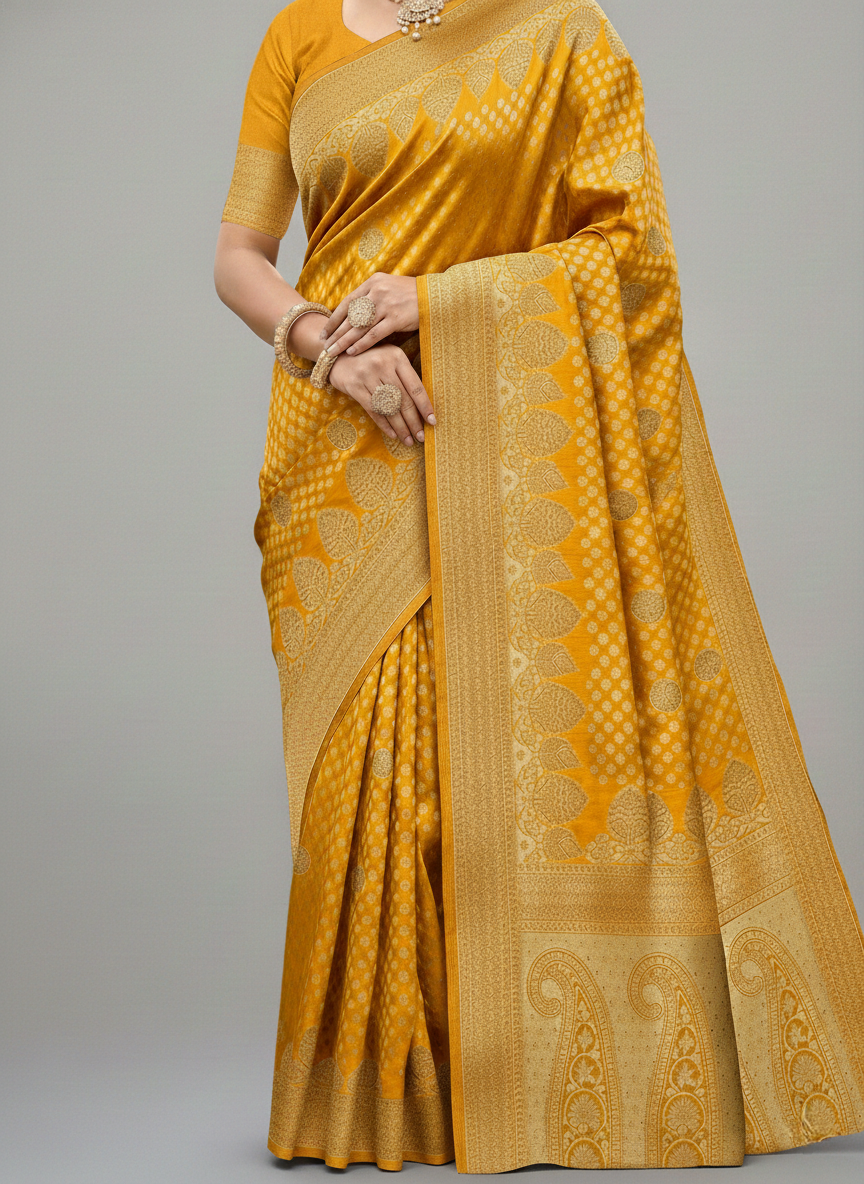 Beautiful Jaquard Saree For Women - Mustard