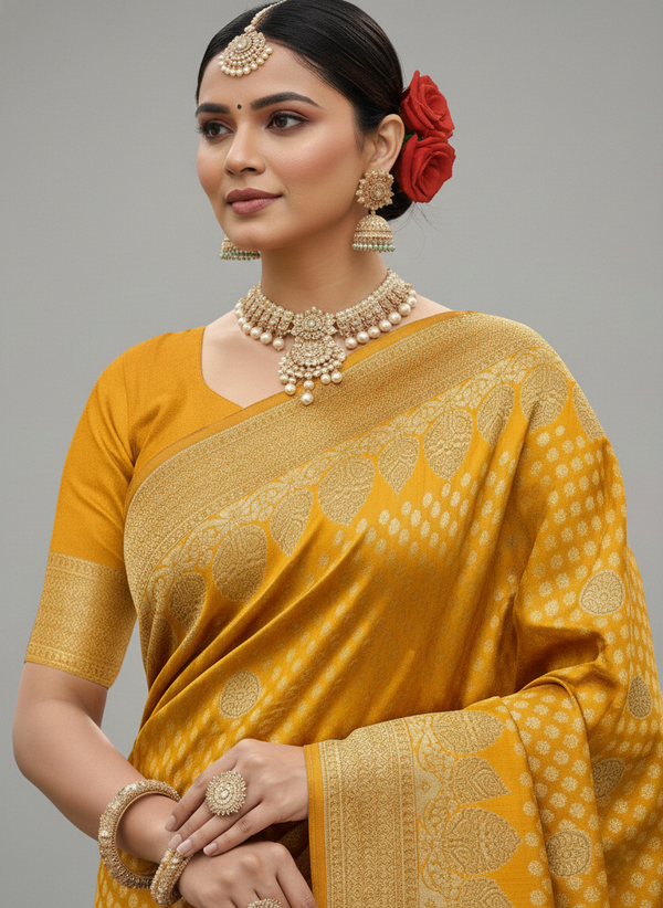 Beautiful Jaquard Saree For Women - Mustard