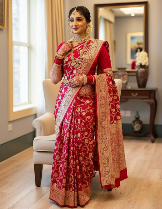 Beautiful Jaquard Saree For Women - Red