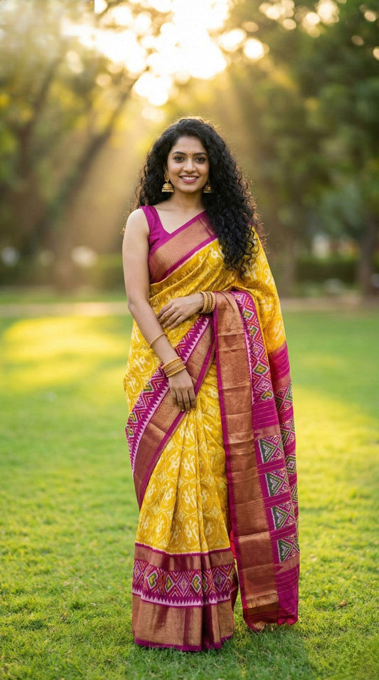Golden Yellow Bentex Handloom Silk Saree with Pink Traditional Border Design | Premium Collection