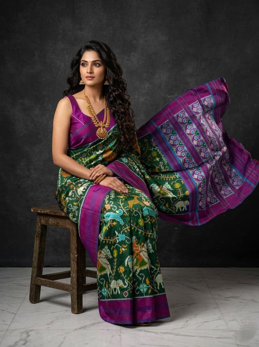 Green Barista Soft Silks Saree with Purple Traditional Floral Print | Premium Collection