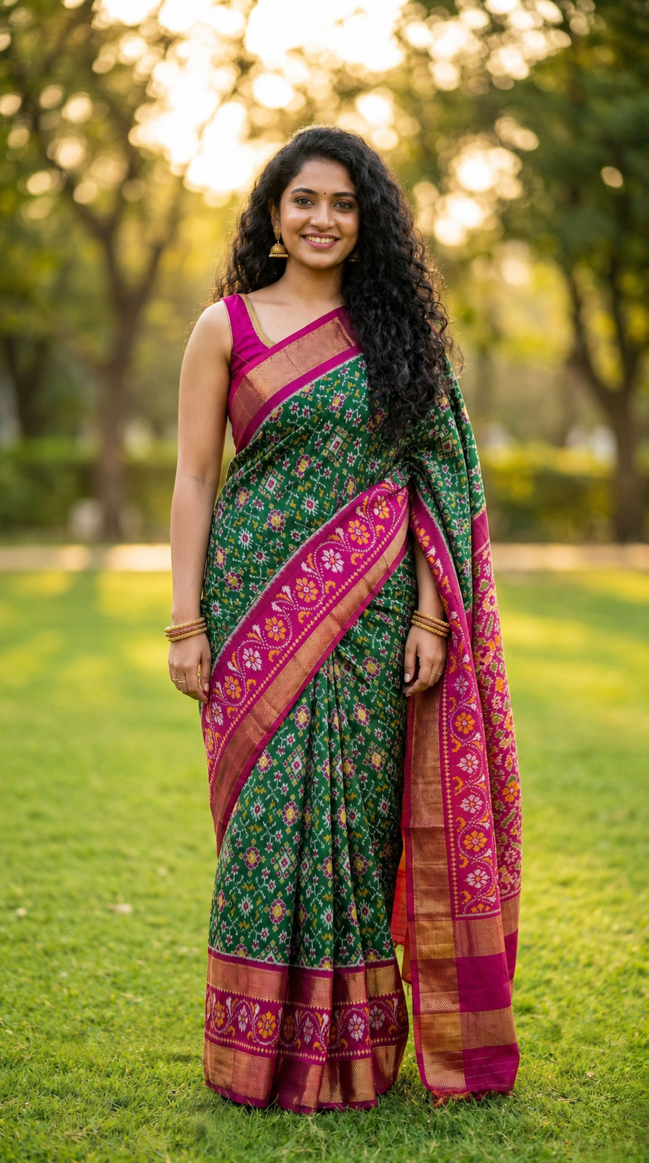 Green Bentex Handloom Silk Saree with Pink Contrast Pallu and Ethnic Weaving | Premium Collection