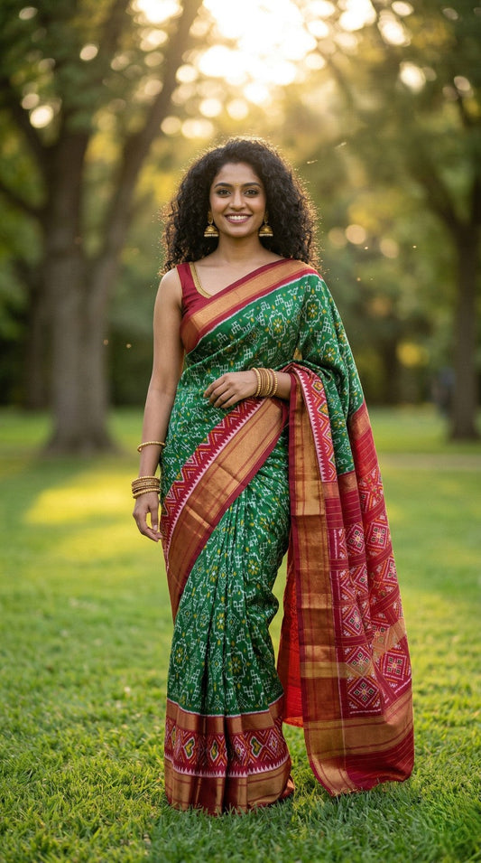 Green Bentex Handloom Silk Saree with Pink Ethnic Contrast Pallu | Premium Collection